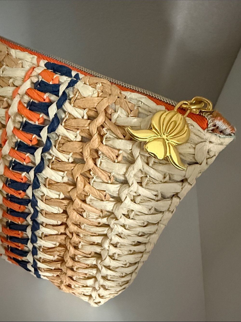 Woven Straw Zip Top Pouch in Natural with Orange & Navy - Picture 3 of 4